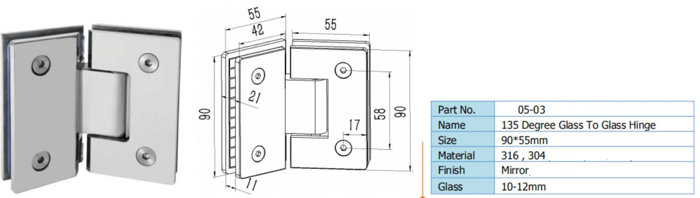 135 Degree Stainless Steel Shower Pivot Hinge Rotate Shower Door Hinge Glass Clamp 