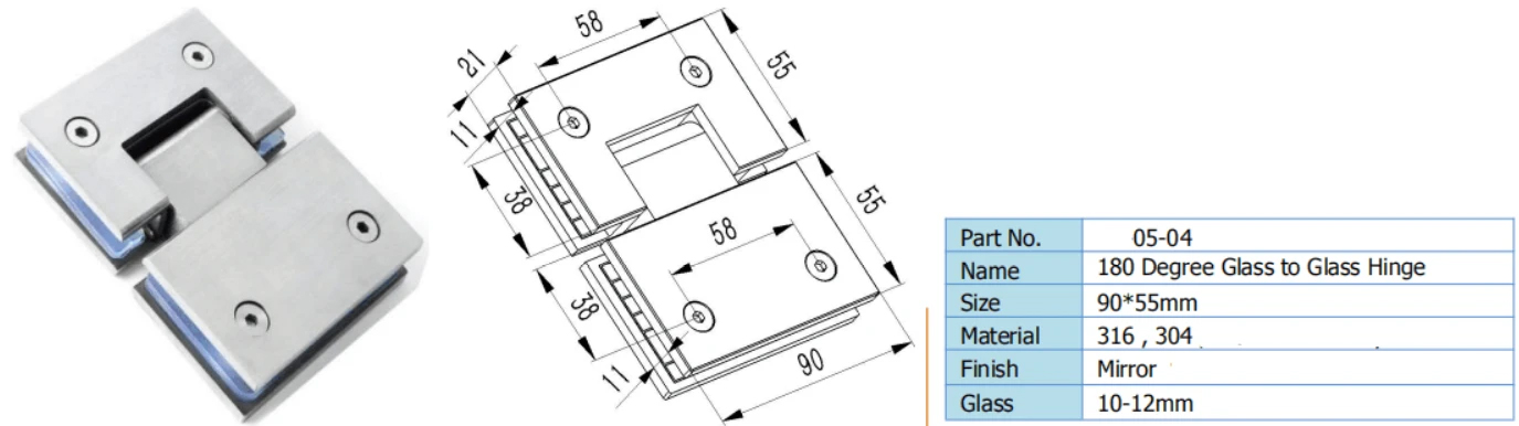 180 Degree Stainless Steel Shower Door Glass Hinge Door Bracket Hardware 