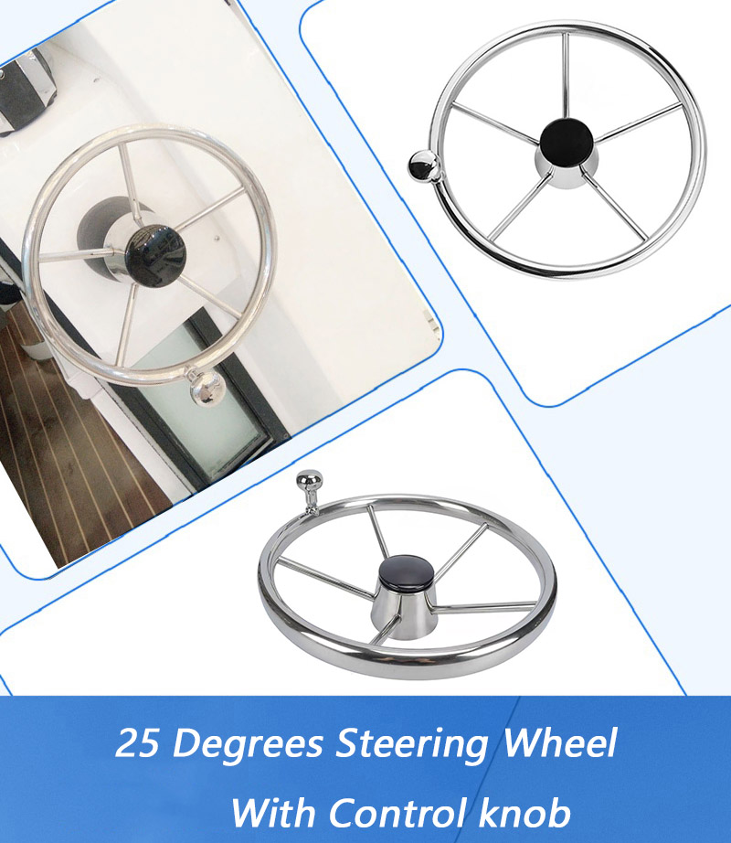 High Quality Stainless Steel 5 Spoke 25 degrees Destroyer Boat Steering Wheel With Control Knob-Hiever