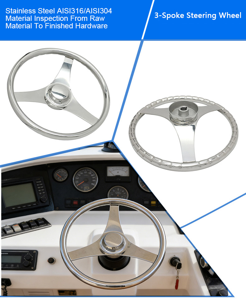 Stainless Steel 3-Spoke Steering Wheel Comfort Grip Steering Wheel For Boat Yacht Speedboat RV-Hiever