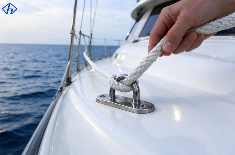 Hand securing a white rope to a stainless steel marine pad eye plate mounted on a yacht deck.